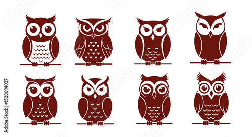 Collection of eight stylized owl illustrations perched on branches in a row design element vector graphic on transparent background