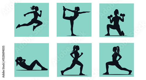 Six panels showing female figures in various athletic poses and fitness activities with teal rectangles on transparent background