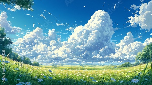 Sunny field of wildflowers under a vast blue sky with fluffy white clouds. Lush greenery and trees frame the horizon