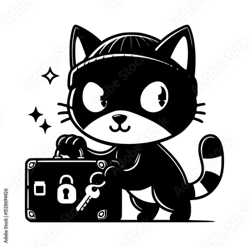 Cute cat burglar with briefcase and key