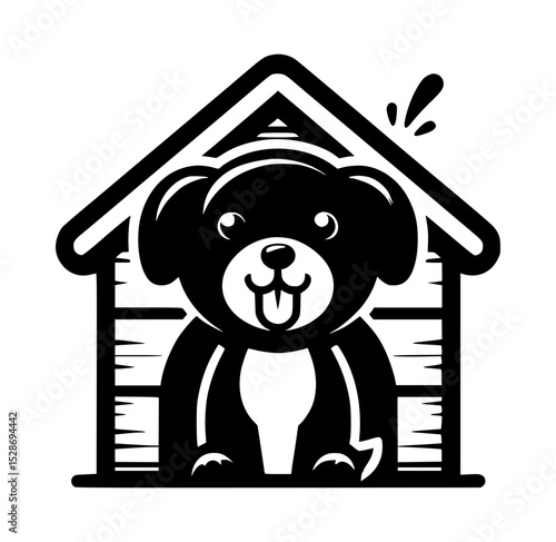 Happy dog in a wooden dog house illustration