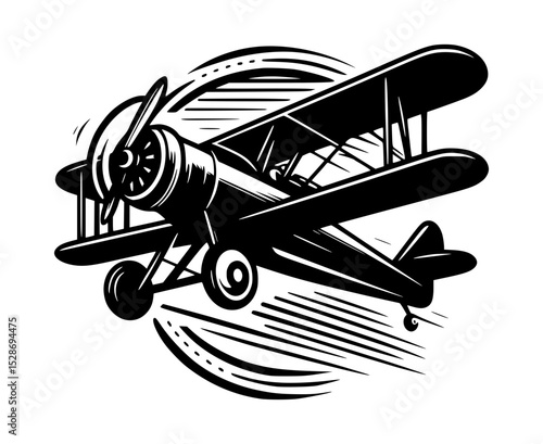Vintage biplane in flight black and white illustration