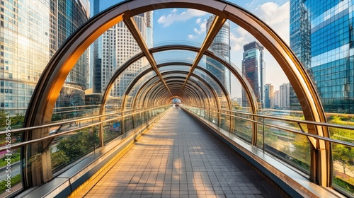 Modern Glass Pedestrian Bridge Surrounded by City Skyscrapers