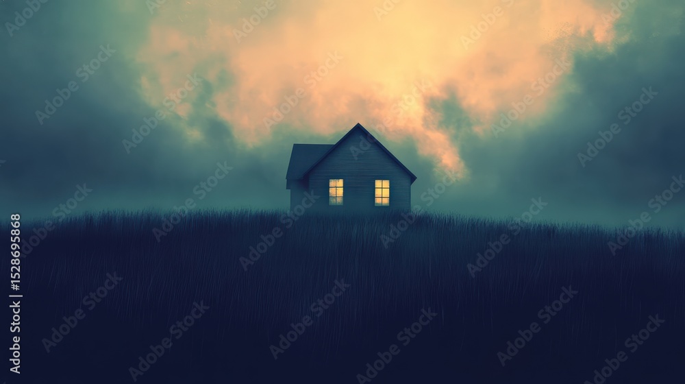 Mysterious House on Hill with Glowing Windows at Twilight Mysterious House on Hill with Glowing Windows at Twilight