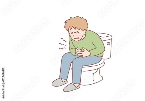  Young man sitting on toilet touching belly feeling pain and having diarrhea. Having problems with stomach and diarrhea concept. Hand drawn style vector design illustrations.