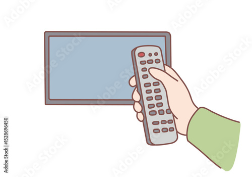 Human hand with tv remote control switching television on at home for watching movies. Television, home entertainment concept. Hand drawn style vector design illustrations.