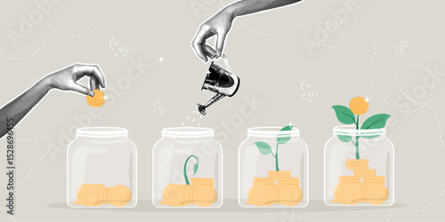 A trendy collage of halftone images. Investing money and watching it grow. The concept of money growth, profit, a growing tree of financial savings, financial investments, return on investment