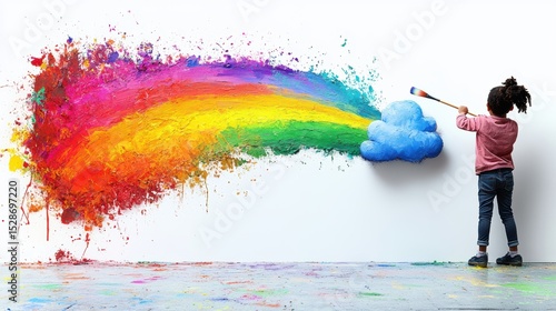 Creative girl paints colorful rainbow from blue cloud on white wall in bright room studio
