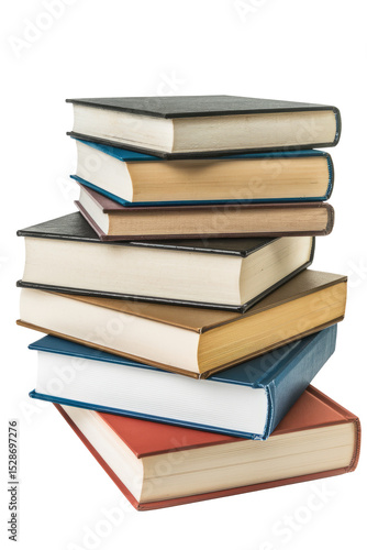 stack of colorful books on white background.