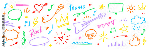 Music sketch heart star vector set. Fun doodle shape with comic crown, skull, fire, heart. Tattoo style graffiti line, chalk crayon marker stroke music sketch color elements. Vector illustration