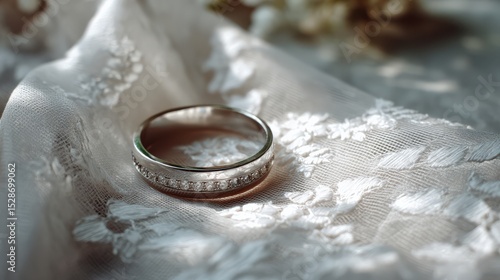 Elegant Silver Ring with Sparkling Diamonds on Lace Fabric