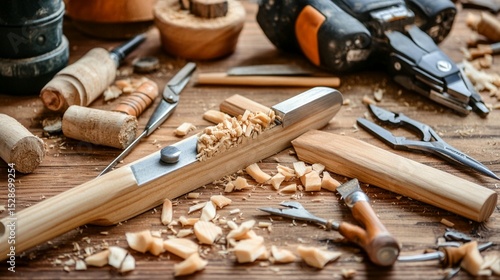 Woodworking tools and materials scattered on a wooden workbench, showcasing the process of wood carving, with shavings and various hand and power tools