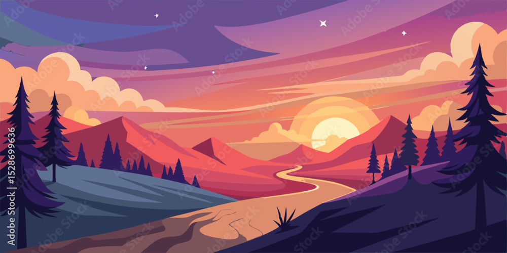 Fototapeta premium illustration of sunset breeze blowing across magical pine hill 