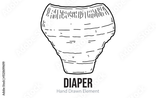 Baby diaper hand drawn elements. Sketch, black ink, line art, baby supplies