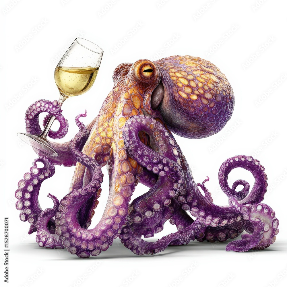 Fototapeta premium Octopus showcasing refined taste in a whimsical underwater setting with a glass of wine
