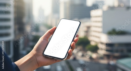Hand holding smartphone with blank white screen in urban setting mockup for technology and business use