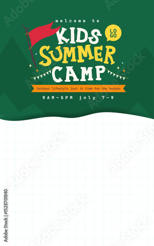 Minimal forest theme poster for kids summer camp with cartoon elements and copy space for text or activity info