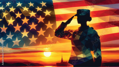 USA army soldiers saluting on a background of sunset or sunrise and USA flag