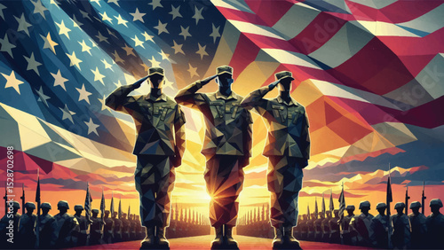 USA army soldiers saluting on a background of sunset or sunrise and USA flag