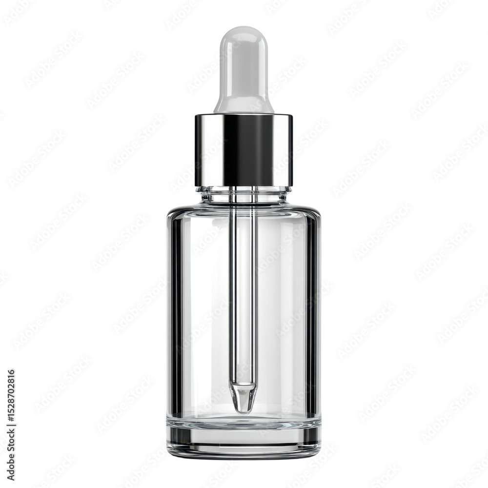 Clear Glass Dropper Bottle with Silver Cap for Essential Oils and Serums on White Background Transparent background or png Clear Glass Dropper Bottle with Silver Cap for Essential Oils and Serums on White Background Transparent background or png