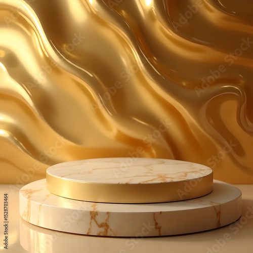 Round gold metal podium on gold background with gold background. Perfect platform for showing your products. Three dimensional illustration