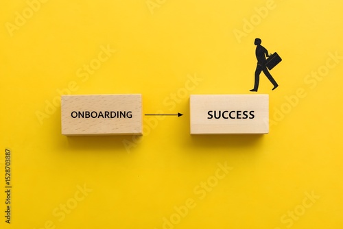 Onboarding to Success Concept with Businessman Walking Across Wooden Blocks on Yellow Background, onboarding process, business success, career journey