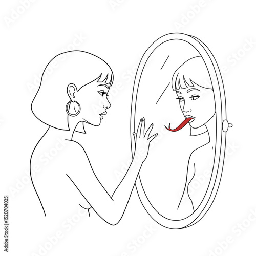 Woman looking at mirror reflection with snake tongue.  sarcastic and poison inner personality. Image for psychological content. 