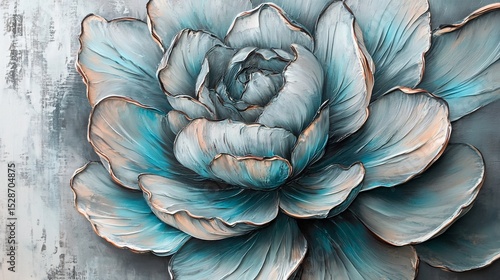 Fototapeta Naklejka Na Ścianę i Meble -  Close-up of a stylized, textured blue flower. Detailed petals with sculpted, layered effect. Soft color palette