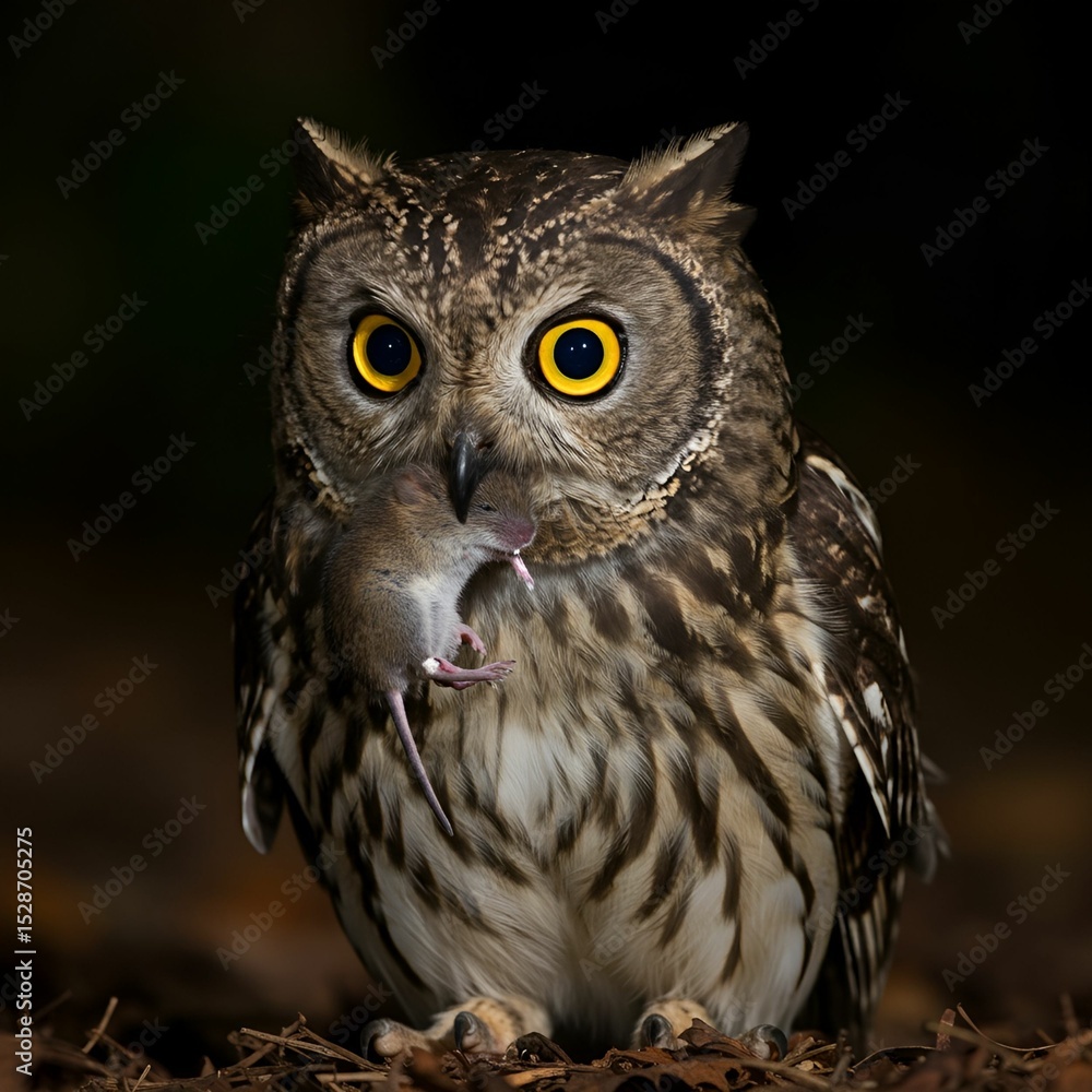 Fototapeta premium Yellow-Eyed Owl with Mouse in Sharp Beak