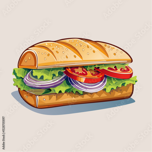 Delicious Deli Delight: A close-up, appetizing illustration of a mouthwatering submarine sandwich, freshly prepared with a vibrant assortment of vegetables, beckoning a satisfying bite.