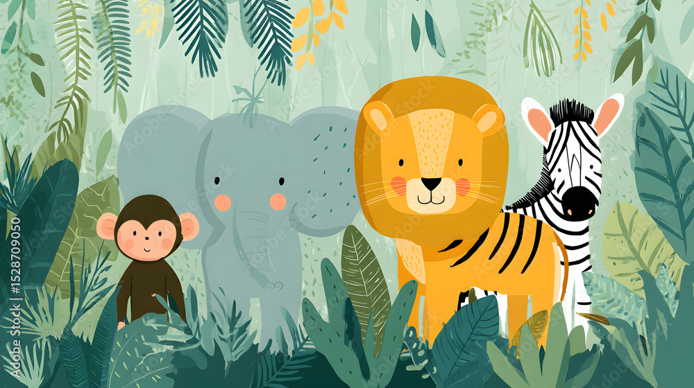 Fototapeta premium Cute Jungle animals cartoon flat Illustration