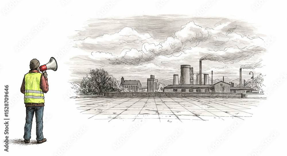 Obraz premium Worker in safety vest using megaphone against industrial landscape