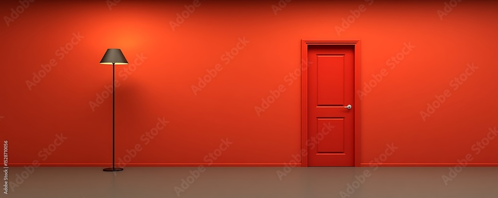 Fototapeta premium A red wall featuring a door and a modern floor lamp