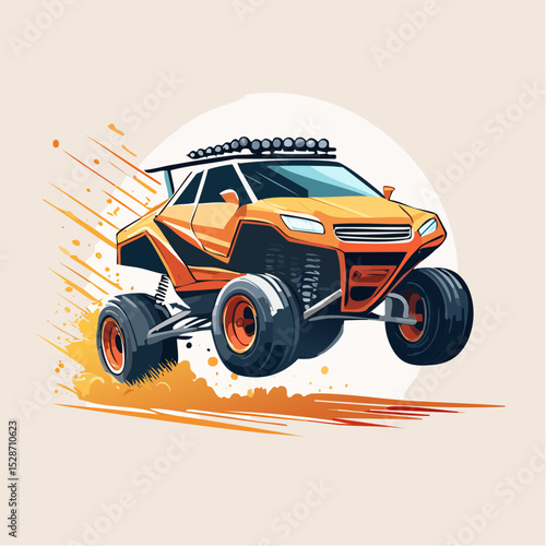 Futuristic off-road racing buggy jumping mid-air, dust trails, dynamic vector lines, action-packed t-shirt artwork