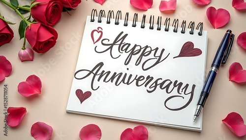 Romantic Anniversary: Red Roses, Note, and Hearts