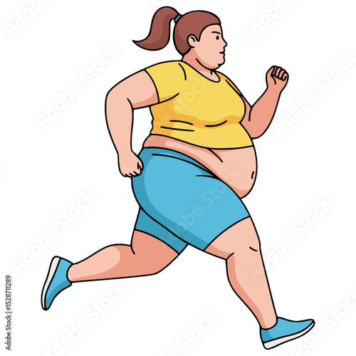 fat woman overweight running sport exercise healthy flat color vector illustration template design