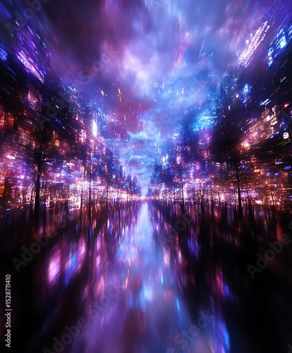 A vibrant abstract landscape of shimmering lights and reflections