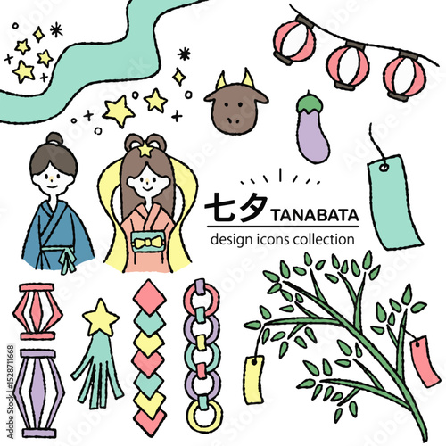 七夕の手描きアイコン素材｜天の川・織姫・彦星のイラストセット	