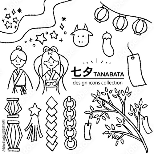 七夕の手描きアイコン素材｜天の川・織姫・彦星のイラストセット	