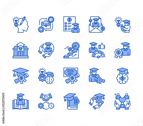 Scholarship icon collection set. Containing financial aid, tuition assistance, grant, fellowship, award, bursary, stipend icon. Simple line vector illustration.