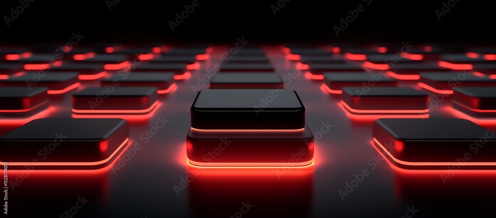 Fototapeta premium Illuminated red and black square shapes are on a dark surface