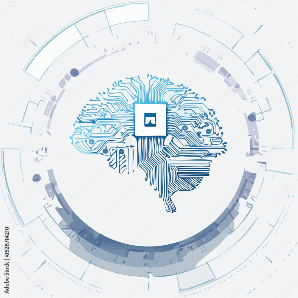 Obraz premium A digital brain with microchip circuits, illustrated in a clean and modern style with bright detail.