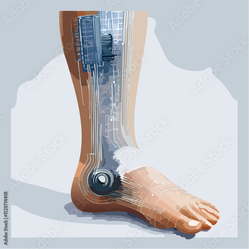 A human leg and ankle with internal tech components, illustrated in a clean, modern style on a light background.