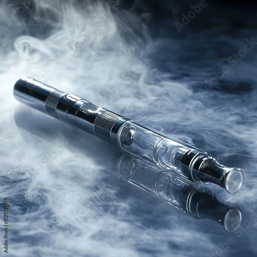 Transparent electronic cigarette on reflective surface with swirling smoke, cool atmospheric vaping scene.