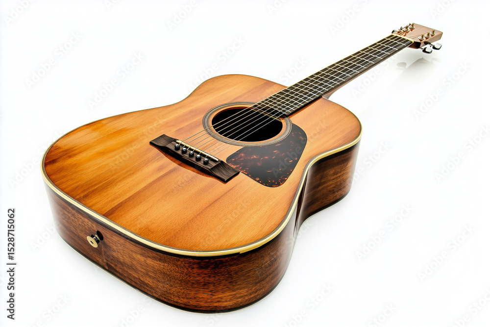 Fototapeta premium A classic wooden acoustic guitar with strings, isolated on a white background, ready to play beautiful music