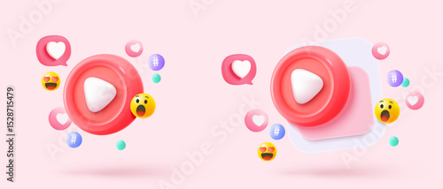 3d social media icon with live multimedia streaming and emotion. Social society online record video for make money passive income. 3d media live entertainment icon vector render illustration