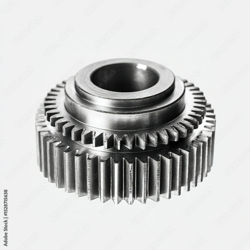 Close - up of shiny reflective metal gear with precise teeth on white background, highlighting engineering and industrial design Close - up of shiny reflective metal gear with precise teeth on white background, highlighting engineering and industrial design