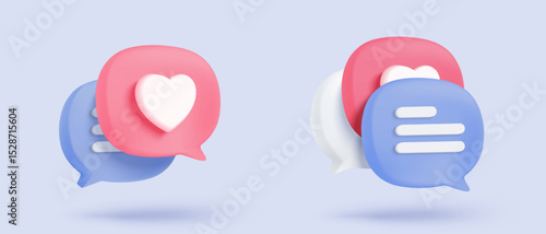 3D Social media online platform concept, online social communication on applications, Photo frame with heart and love emoji icon, like and play in red bubble 3d icons. 3d vector render concept