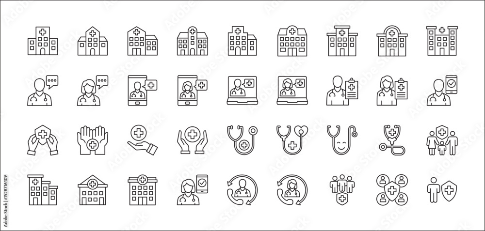 Healthcare icon set. Mobile apps digital health care icon. Icon set contains hospital, doctor, consultation, clinic, stethoscope, nurse, health insurance, family, emergency, online service. Healthcare icon set. Mobile apps digital health care icon. Icon set contains hospital, doctor, consultation, clinic, stethoscope, nurse, health insurance, family, emergency, online service.