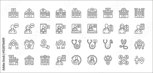 Healthcare icon set. Mobile apps digital health care icon. Icon set contains hospital, doctor, consultation, clinic, stethoscope, nurse, health insurance, family, emergency, online service.